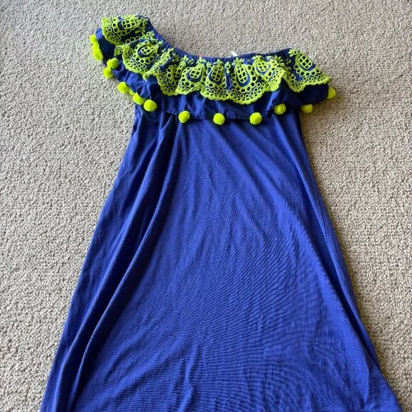 Lilly Pulitzer Idara One Shoulder Ruffle Dress Corsica Blue Pom Pom M - Picture 2 of 9